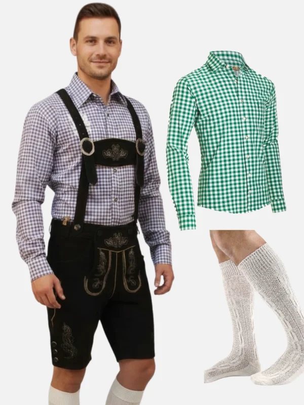 Oktoberfest Lederhosen Bundle for Men – Genuine Leather Shorts + Bavarian Checkered Shirt + Calf Socks Set