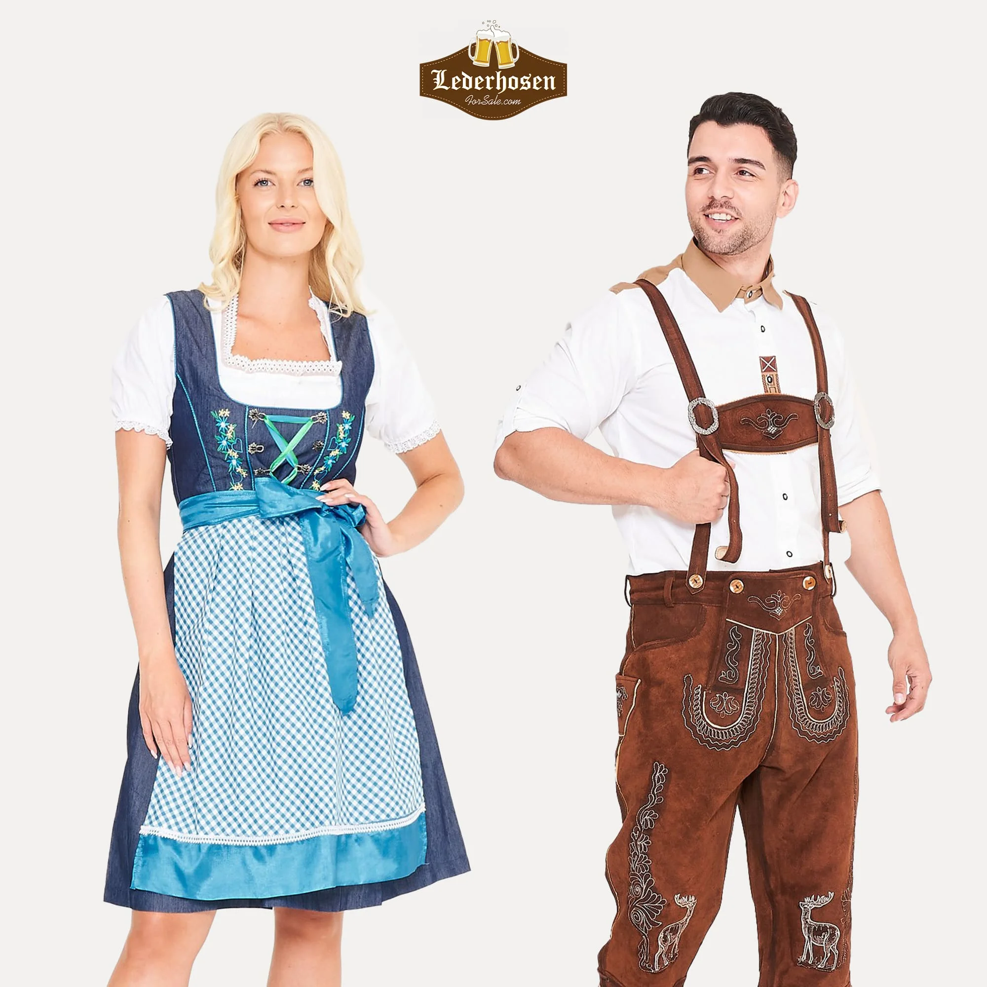 A blonde woman in a blue Bavarian Dirndl dress next to a man wearing traditional brown Lederhosen with suspenders. - Lederhosen For Sale