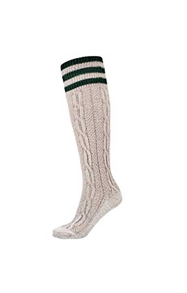 Single cream knee-high cable knit Bavarian sock with dark green stripes at the top - Lederhosen For Sale