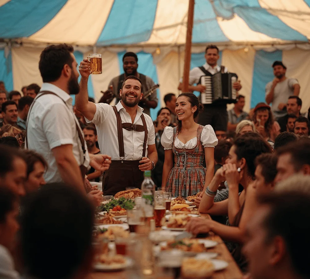 People celebrating inside an Oktoberfest tent with beer mugs, music, and traditional attire. - Lederhosen For Sale