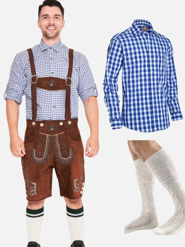 Authentic Oktoberfest Lederhosen Bundle for Men – Leather Shorts, Bavarian Shirt & Calf Socks Set