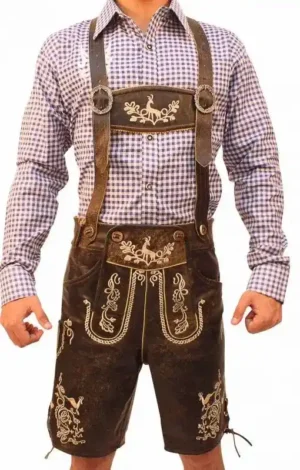 Front view of man in brown embroidered Lederhosen with purple checkered shirt. - Lederhosen For Sale