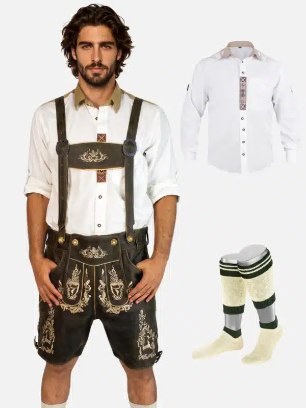 Oktoberfest Lederhosen Bundle – Embroidered Leather Shorts, White Embroidered Shirt & Loferl Socks Set main