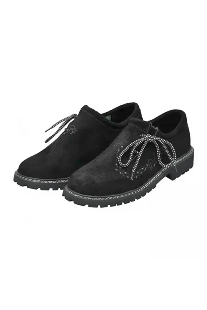 Traditional Black Embroidered Shoes – Angled Front View - Lederhosen For Sale